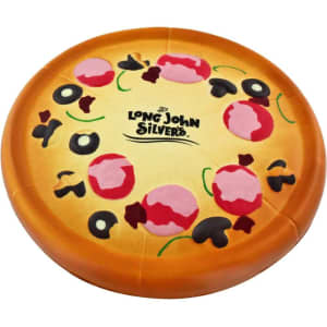 A pizza-shaped stress reliever, featuring toppings like pepperoni and olives, in warm yellow and brown tones.