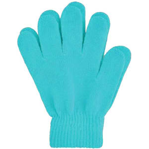 A pair of plain knitted gloves in a bright teal colour, featuring a woven label.