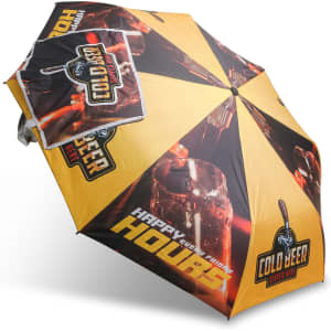A folding umbrella featuring a bold yellow and black design with themed graphics and a logo.