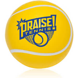 A yellow tennis-shaped stress reliever featuring a logo. The ball has white markings typical of tennis balls.