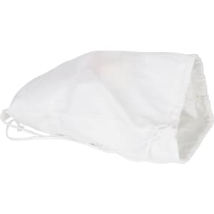 A white drawstring cotton bag with a simple design and a logo printed on it.
