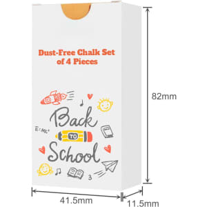 A box containing a dust-free chalk set with four sticks, featuring colourful illustrations and a logo.