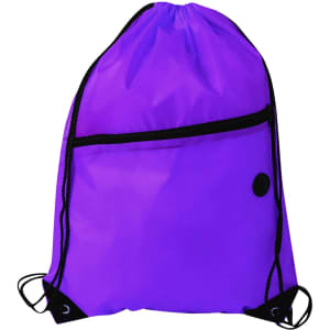 A purple polyester drawstring bag with a zippered pocket and black accents, featuring a logo.