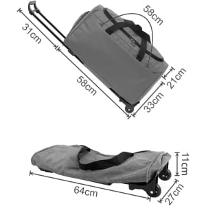 A grey wheeled duffel bag with dimensions, featuring a retractable handle and wheels for easy transport.
