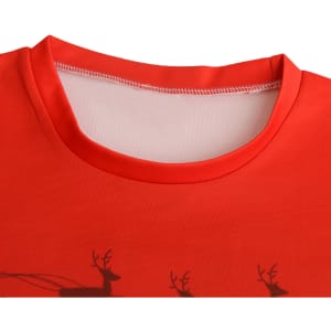 A red Christmas sweatshirt featuring a round neckline and a smooth interior lining. The design includes reindeer motifs.