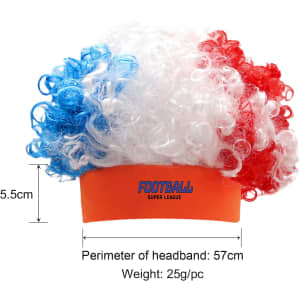 A curly, three-colour afro headband wig in blue, white, and red, featuring an orange headband.