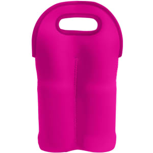 A drink bottle carrier in vibrant pink neoprene, featuring a handle and double bottle capacity.