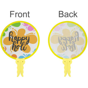 A 20cm foldable fan featuring a vibrant yellow frame and colourful artwork with the text "Happy Holi" on both sides.