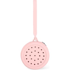 A round pink silicone pouch with holes, featuring a strap for easy carrying. It has a simple design and a zipper closure.