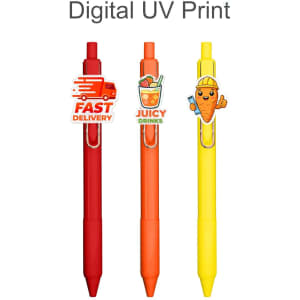 A set of three custom acrylic pens in red, orange, and yellow, each featuring a different graphic and a logo.