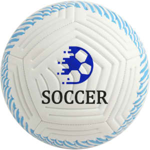 A white soccer ball with a blue and white design and a logo featuring a football and the word "SOCCER".