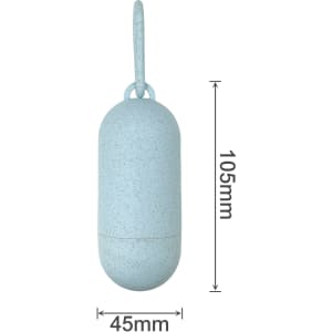 An eco-friendly, light blue pill-shaped pet waste bag dispenser with a hanging loop, measuring 105mm by 45mm.