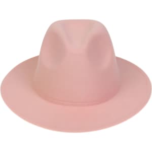 A pink felt wide brim fedora hat with a smooth finish and a rounded crown. Features a logo.