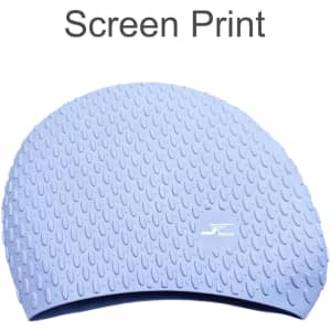 A premium silicone swimming cap in light blue, featuring a textured surface and a logo.