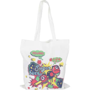 A white cotton tote bag featuring a colourful graphic design and long handles, along with a logo.