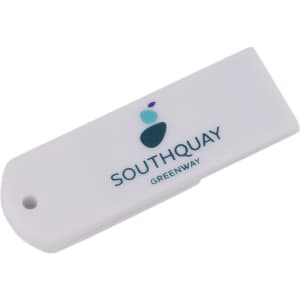 A white paper clip flash drive featuring a logo, designed for data storage and transfer.