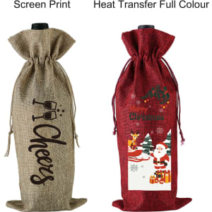 Two wine drawstring bags, one in brown with a "Cheers" design and another in red featuring a Christmas theme. Both have logos.