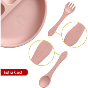 A pastel pink silicone kids suction plate with a fork and spoon, featuring a logo.