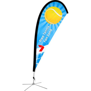 A large teardrop banner featuring a tennis theme, predominantly blue with a yellow sun, on a silver stand.