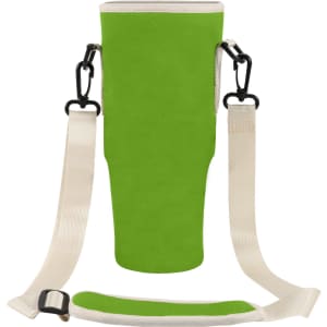 A drink bottle carrier bag in bright green with cream straps and clips, designed for carrying a Stanley Cup.
