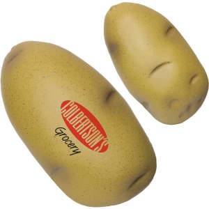 A potato-shaped stress reliever in yellow with a logo, featuring two distinct potato shapes.