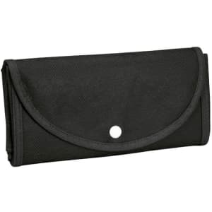 A black non-woven foldable bag, designed to be compact and has a fastening button. Features a subtle logo.