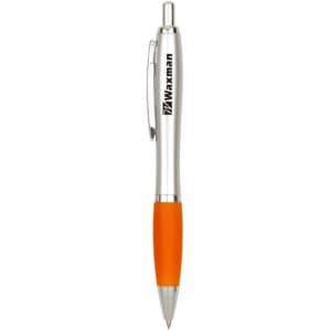 A metallic silver pen with an orange rubber grip and a logo on the side.