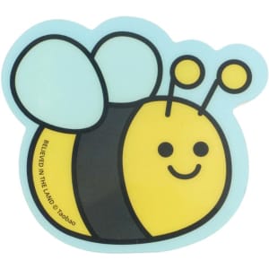 A cute bee-shaped sticky note in yellow and black on a light blue background with a smiling face.