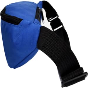 A blue bum bag with a zippered compartment and an adjustable black strap.