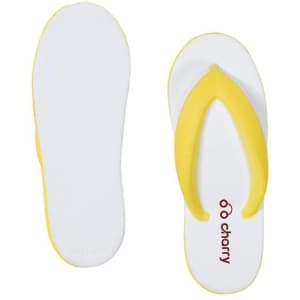 A yellow and white flip-flop shaped stress reliever with a smooth surface and a logo on it.