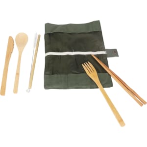 A bamboo cutlery set featuring a knife, spoon, fork, chopsticks, and a straw, contained in a green holder.