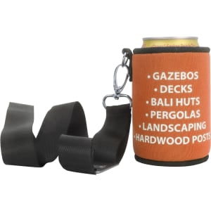 A drink bottle holder in orange with a black strap and silver clip, designed to hold a can securely.