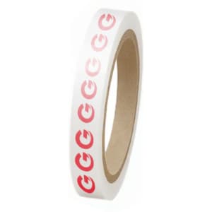 A roll of BOPP white packaging tape with a logo in red, featuring a smooth finish and a core centre.