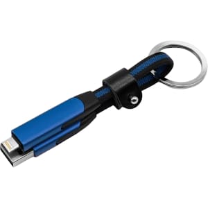 A blue and black 6-in-1 braided charging cable with a keyring attachment and a small protective cover.