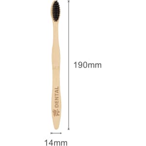A bamboo toothbrush with a large wavy handle and black bristles, featuring an engraved logo. Measurements are 190mm by 14mm.