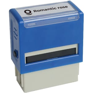A blue self-inking rubber stamp with a white base, featuring a logo on the top.