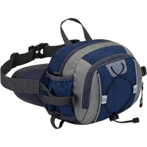 A drink bottle holder attached to a navy and grey waist bag with multiple compartments and straps.