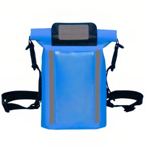 A waterproof crossbody handlebar bag in bright blue with reflective strips and black straps. Features a clear pocket.