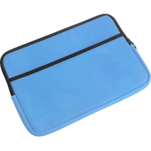 A blue laptop bag with a black zipper and two compartments for storage. Features a logo.