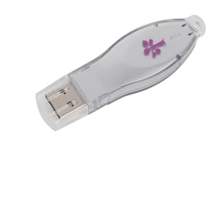 A translucent grey flash drive shaped like a bottle, featuring a pink flower design and a logo.