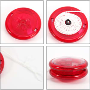 A red yoyo with a white string, featuring a circular design and a central hub, showcasing its glossy exterior.