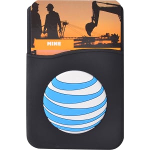 A black moulded smart wallet with an orange sunset design and a circular logo on the front.