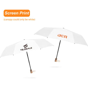 A triple folding RPET umbrella in white with a black handle and logos printed on the canopy.
