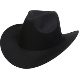 A classic black felt fedora cowboy hat with a wide brim and structured crown. Features a logo.