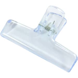 A translucent plastic clip in clear blue, featuring a spring mechanism for secure holding.