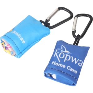 A blue microfibre lens cloth with a carabiner, featuring a logo and rolled inside a pouch.