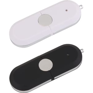 A white and black Tauris Flash Drive with a metallic button and a keyring attachment.