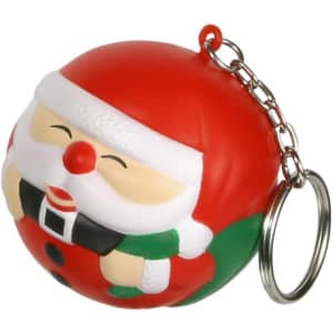 A red and green Santa-shaped stress reliever keyring with a smiling face and a metal chain attached.