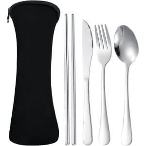 A black pouch containing silver cutlery: a fork, knife, spoon, and chopsticks.