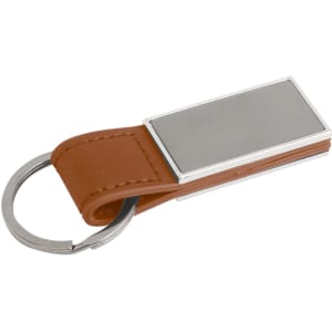 A brown PU leather keyring with a rectangular metal tag and a keyring attachment. Features a logo.